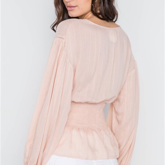 Blush Long Sleeve Lace Up Surplice Neck Top - Picture 2 of 4